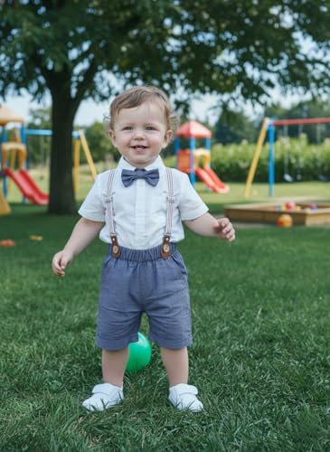 Image of Volunboy Baby Boy Formal Short Set Toddler Summer Gentleman Outfit Kid Short Sleeve Bowtie Shirt Suspender Shorts Suit
