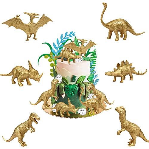 18 Stück goldene Dinosaurier-Figuren Spielzeug Kuchendekoration mit Dinosaurier-Eiern und künstlichen Palmenblättern, pädagogisches realistisches Dinosaurier-Tier-Set für Dino-Motto Geburtstagsparty Cover