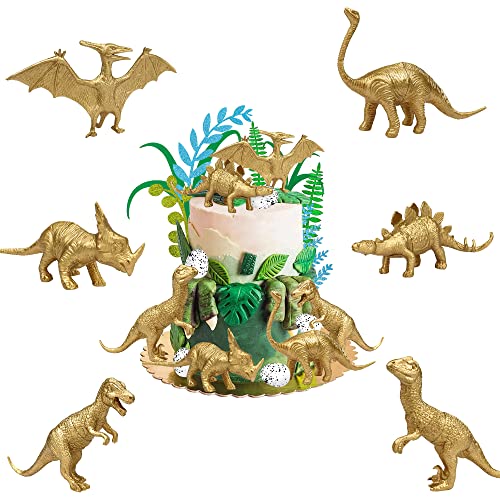 18 Stück goldene Dinosaurier-Figuren Spielzeug Kuchendekoration mit Dinosaurier-Eiern und künstlichen Palmenblättern, pädagogisches realistisches Dinosaurier-Tier-Set für Dino-Motto Geburtstagsparty