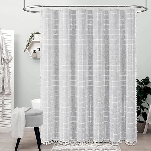 Image of BTTN Boho Shower Stall Curtain - 48x72 Narrow Linen Ultra Thick Tassel Fabric Shower Curtain Set with 8 Plastic Hooks, Half Camper RV Modern Farmhouse Country Shower Curtains for Bathroom, Grey /Gray