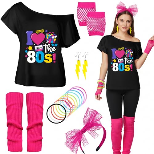 80er Jahre Outfit Damen Set - 80er kostüm Accessoires mit T-Shirt Stirnband Neon Armband Ohrring, Netzhandschuhe für Karneval Fasching Party Retro Mottoparty Kleidung Frauen (XX-Large)