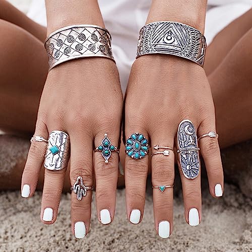 Caiyao Retro Turquoise Ring Set For Women Vintage Western Rings Jewelry Bohemian Summer Beach Rings For Teen Girls Silver Turquoise Knuckle Stacking Rings-9Pcs thumb #3