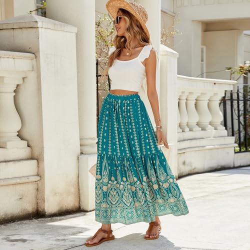 Maxi Skirts for Women Trendy Elastic High Waisted Boho Flowy Tiered Pleated Skirt A-Line Drawstring Beach Vacation Clothes2