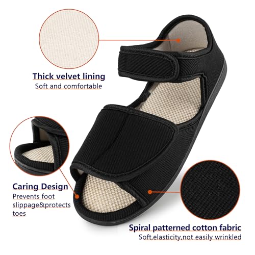 Men's Breathable Diabetic Sandals, Wide Width Adjustable Hook & Loop Open Toe Slippers for Swollen Feet, Edema, Arthritis, Elderly Indoor/Outdoor3