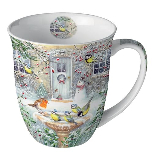 Ambiente Tasse de Noël oiseaux sur bain d'oiseaux en hiver en porcelaine. Tasse à motif pour la table dressée et comme cadeau, 0,4 l x H 10,5 cm