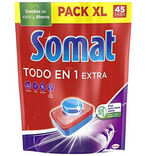 Somat Todo en 1 Extra Pastillas (1 x 45 tabs), detergente lavavajillas anti-olor para vajilla, pastillas lavavajillas para ciclos eco y cortos, eliminan la suciedad incrustada