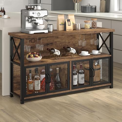 Image of Klaxon Wooden Bar Cabinet for Home | Large Bar Unit for Living Room with Wine Rack, Hanging Glass Holders & Mesh Door Storage | Rustic Bar Table for Home & Bar Counter for Home (Nysa)