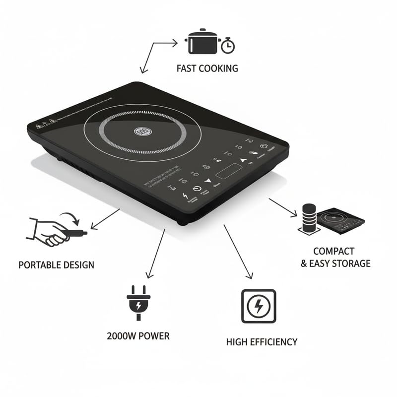 Image of Drumstone TopRated ๐๐๐๐ซ ๐๐๐ซ๐ซ๐๐ง๐ญ๐ฒ 2000W Induction Cooktop Portable Electric Stove for Home Kitchen Touch Panel Induction Chulha Fast Cooking Temperature Control Timer Black