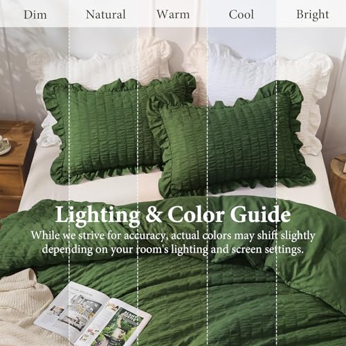 Image of JOLLYVOGUE Dark Green Queen Comforter Set, 3 Pieces Seersucker Comforters Queen Size, Lightweight & Fluffy Bedding Sets Queen for All Season with 1 Ruffle Comforter and 2 Ruffle Pillowshams