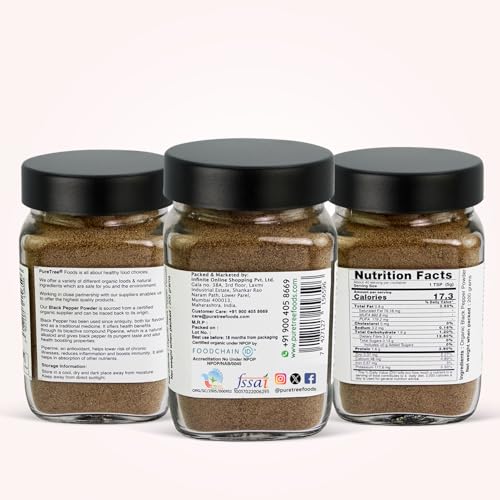 Image of Pure Tree Certified Organic Black Pepper Powder | 200 g | Glass Jar | Kali Mirch Powder | Black Peppercorn Kaali Mirch | Aromatic Black Pepper Seeds Powder | Miriyalu Powder Spices