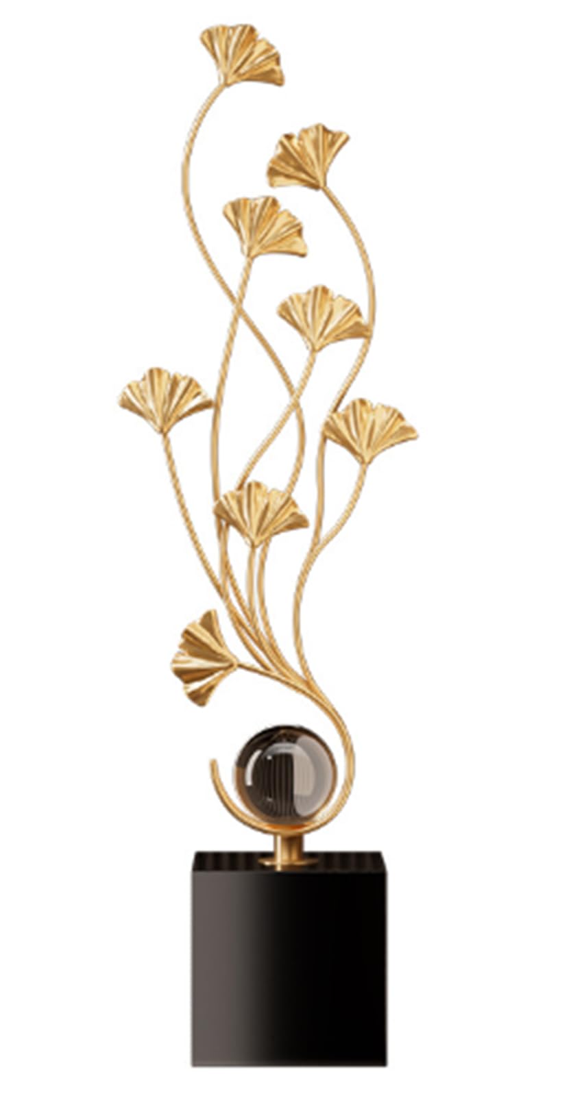 Golden Ginkgo Decorative Statue Sculpture with Crystal Ball Ornaments