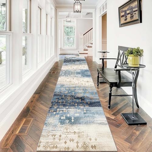 Whnoorher Passatoie per corridoio Extra Lunghe - Tappeto Moderno Blu Lavabile Stretto, Morbidi tappeti a Pelo Corto con Supporto in Gomma Antiscivolo per Cucina, corridoio, Scale(100×400cm)