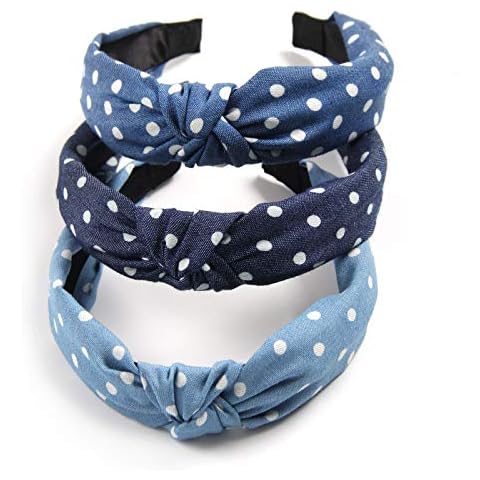 Furling Pompoms Knot Turban Headband for Women Twist Wide Hair Band Elastic Cross Hair Accessories Denim Fabric Head Wrap Pack of 3 pcs (Polka Dot) Cover