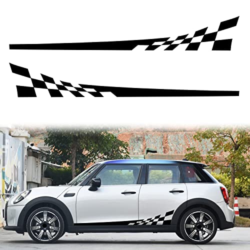 Image of 2Pcs 77.2'' Universal Racing Checkered Flag Decal Graphic Car Body Side Stripe Sticker Self-Adhesive Lattice Grid Stripe Stickers Decoration for Mini Cooper Truck SUV Vehicles (B, Black)