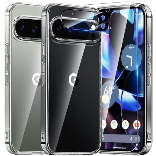 UniqueMe für Google Pixel 9 Pro XL Hülle,5-in-1-Set Handyhülle für Google Pixel 9 Pro XL Case Rundumschutz Schutzhülle Cover,1 Handyhülle & 2 Schutzfolie & 2 Kameraschutz -Transparent