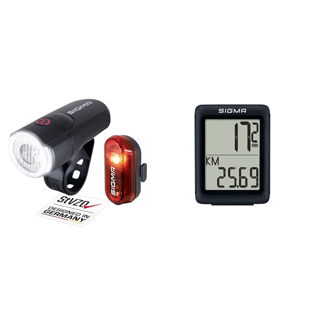 SIGMA SPORT Aura 30 Curve LED Fahrradlicht Set & BC 5.0 WR Fahrradcomputer Schwarz - Wasserdicht für Pendler