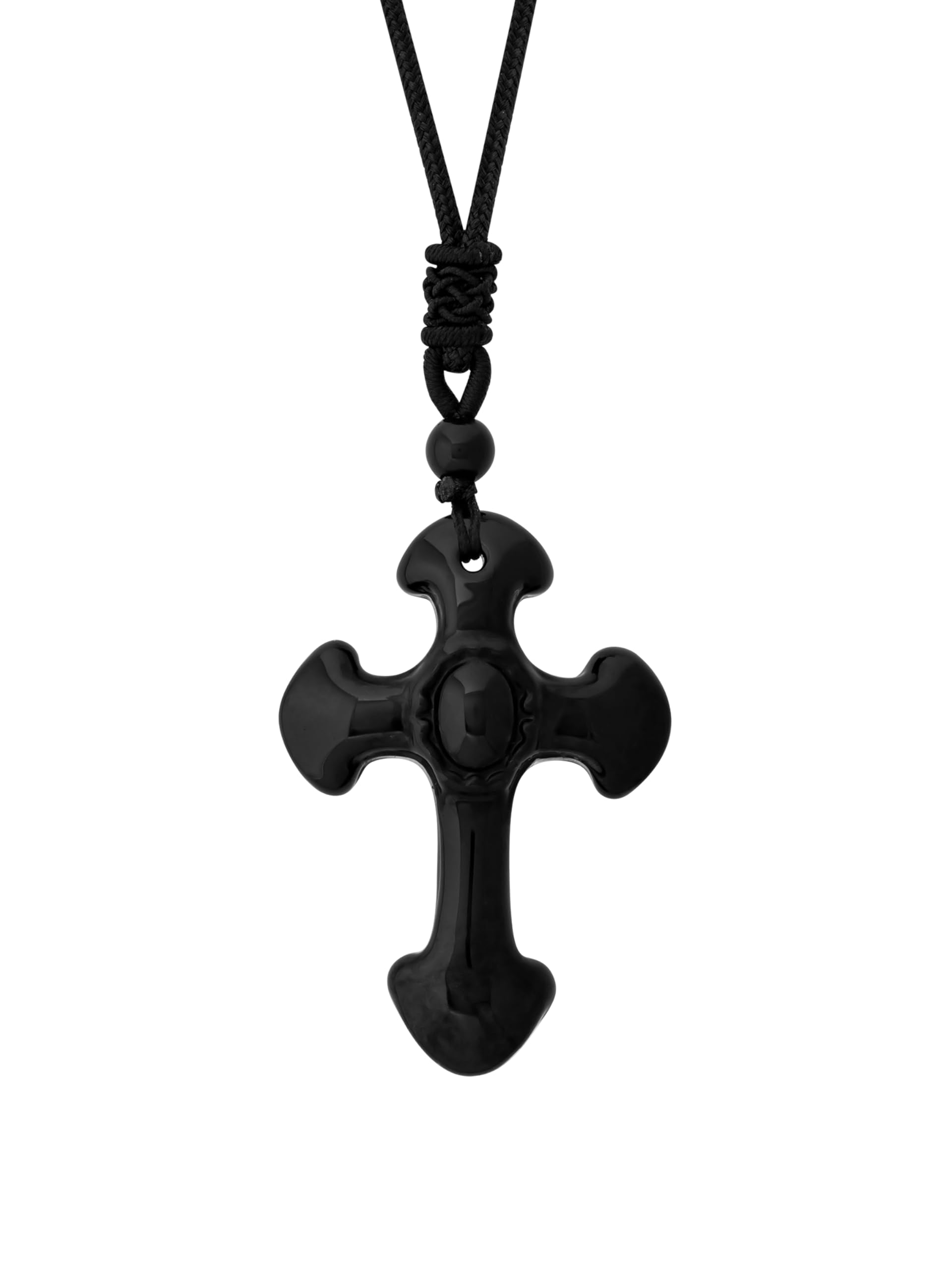 MINACHI Black Obsidian Cross Pendant Necklace with Braided Cord, Spiritual Protection Jewelry Gift for Men and Women