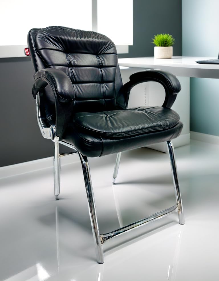 Image of Stainless Steel Special Director Principal Manager Office Visitor Study Chair with Arm Rest with Double Pipe Frame and Cushioned Seat Back (1, Black, H Frame)