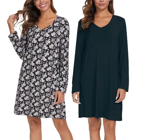 Image of Kabento 2 Pack Long Sleeve Nightgowns for Women Soft Cotton Night Gowns Sleepwear V Neck Nightshirts