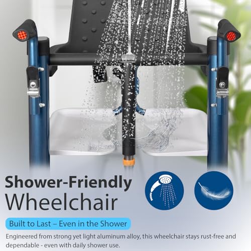 Image of KosmoCare Aluminum Patient Lift & Transfer Wheelchair |Hydraulic Foot Pedal |Split Seat 46 cm for Easy Transfers |Height Adjustable 98-114 cm |100kg Load Capacity |Water-Resistant|Shower-Friendly|Blue