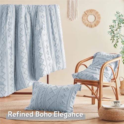 Image of MR&HM Dusty Blue Boho Comforter Set Queen, Tufted Boho Bedding Set, Farmhouse Shabby Chic Bed in a Bag with 1 Comforter, 2 Pillow Shams, 2 Pillowcases, 1 Flat Sheet, 1 Fitted Sheet for All Seasons