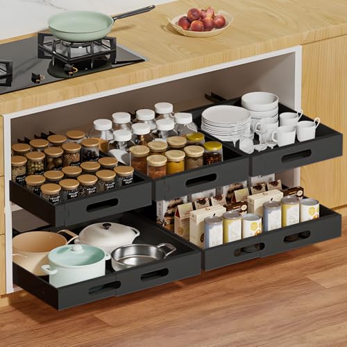 KDISHKRA Cajón Extraíble Extensible 30-47cm – Bandeja Deslizante Armario Cocina sin Taladrar, Cajón Telescópico para Mueble Cocina con Carriles y Kit de Tornillos, Organizador para Baño, Negro