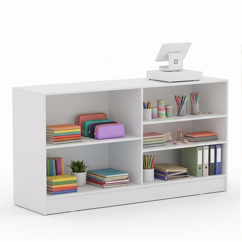 71" W * 20" D * 38" H - White Wooden Cash Wrap Counter, Commercial Cash Wrap Counter with Adjustable Shelves