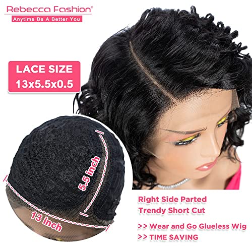 Rebecca Fashion Bob Lace Front Wigs Human Hair Water Wave 13X5.5X0.5 Large C Part Side Lace Front Wigs For Women 100% Brazilian Virgin Human Hair 12Inch, 1B #TOP2