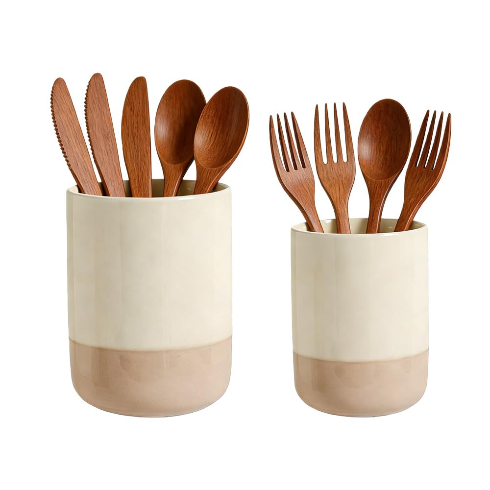 Hggzeg 2 Pack Utensil Holder, Kitchen Utensil Holder Ceramic Organizer Set, Large Cooking Utensil Pots, for Organizing Countertop and Storing Cutlery, Cooking Spoons (Large+small)