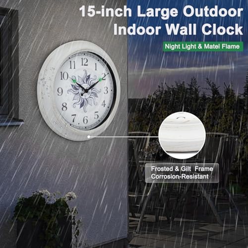 OCEST Metall Großes Nachtlicht Außenuhr Wasserdicht, 15 Zoll Leise Outdoor Indoor Uhr Beleuchtete Wanduhr Batteriebetrieben für Garten Pool Terrasse Wohnzimmer Dekorativ