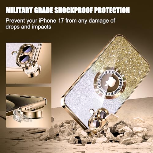 Misscase for iPhone 17 Magnetic Glitter Case Compatible with MagSafe,Full Protection Slim Shockproof Anti-Scratch Case with Camera Lens Protector Plating Bling Dust-Proof Net for Women Gold