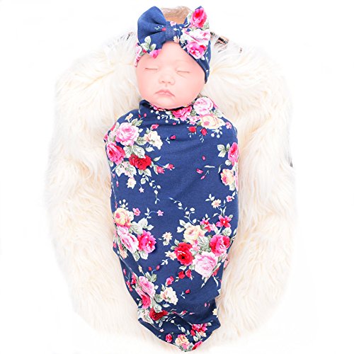 Newborn Receiving Blanket Headband Set Flower Print Baby Swaddle Receiving Blankets Galabloomer