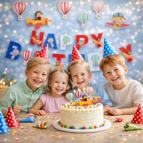 Image of Airplane Happy Birthday Banner for Kids Party, Aeroplane and Hot Air Balloon Decoration for Boys and Astonaut Baby Celebration, Wall Hanging Space Birthday Banner for Home(Pack of 1)