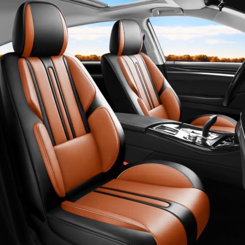 Image of Fit Sierra Car Seat Covers (Only Front 2 Seats) Compatible with GMC Sierra 1500 /2500 /3500 2000-2026-Full Coverage Breathable Leather,Airbag Compatible,Waterproof & All-Weather,Black-Brown