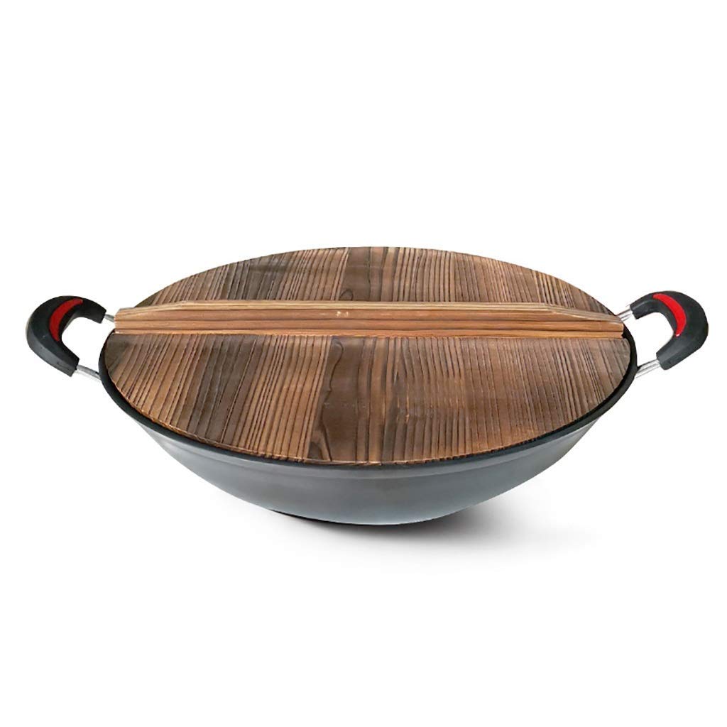 ASerZenith Wok For Induction Large Cast Iron Pot Binaural Uncoated Pig Iron Stir-Fry Chinese Fir Cover Stoves Be Applicable Tradition Non-Stick Wok,38Cm