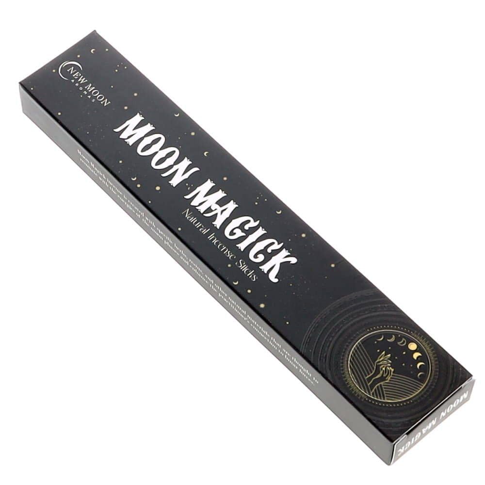New Moon Aromas Moon Magick Natural Incense Sticks – 3 x 15g Packs with JRose Wooden Burner – Herbal & Essential Oil Blend – Calming Scent for Meditation, Moon Rituals & Relaxation