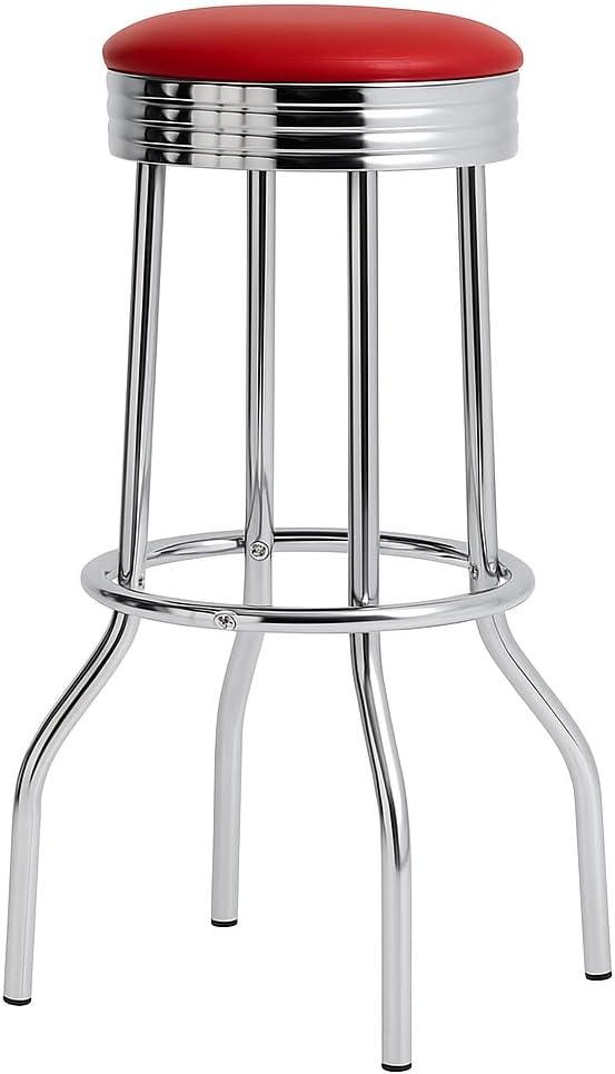 CARTESIAN Retro Chrome 3-Piece Pub Bar Set, White Round Table with Red Leatherette Swivel Stools, 30 Inch Diameter, 1950s Diner Style