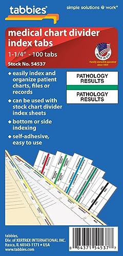Tabbies 54537 Pathology Results Medical Chart Index Tabs, 100 Pack, Green 1.25 x 0.5 in Self-Adhesive Patient File Divider Tabs for Records & Folders