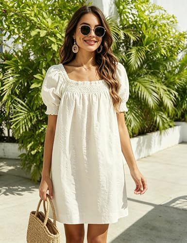 Image of Huaqiao Womens Summer Mini Dress 2026 A-Line Square Neck Puff Sleeve Beach Sundress Casual Short Dress with Pockets