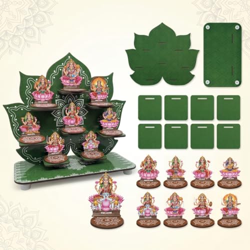 Image of Ashtalakshmi MDF Idol Set with Detachable Display Stand | 8 Lakshmi Idols with Separate Bases | Pooja Mandir Decor for Varalakshmi Vratam, Diwali and Housewarming(Green)