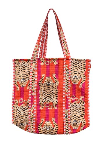 Image of Quilted Cotton Handprinted Reversible Large multicolor Floral Tote Bag,Hand Block Print Shopping Shoulder Carry Bag