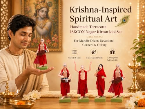 Image of Handmade Terracotta ISKCON Nagar Kirtan Idol Set | 6 Inch Clay Devotional Figurines with Fabric Dress for Mandir Decor and Gifting