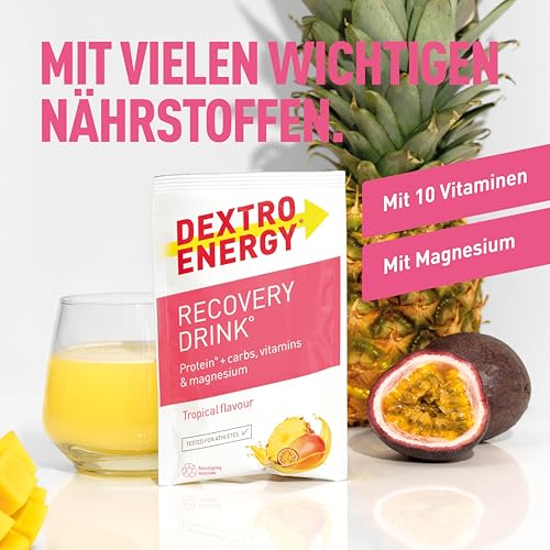 Dextro-Energy-Recovery-Drink-Dose-356g-Getraenkepulver-Tropical-Protein-Pulver-mit-Kohlenhydraten-Vitamine-und-Mineralstoffen-100-glutenfrei