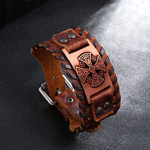 NIGHTCRUZ Celtic Solar Cross Bracelet, Leather Cuff Wristband with Irish Charm Amulet2