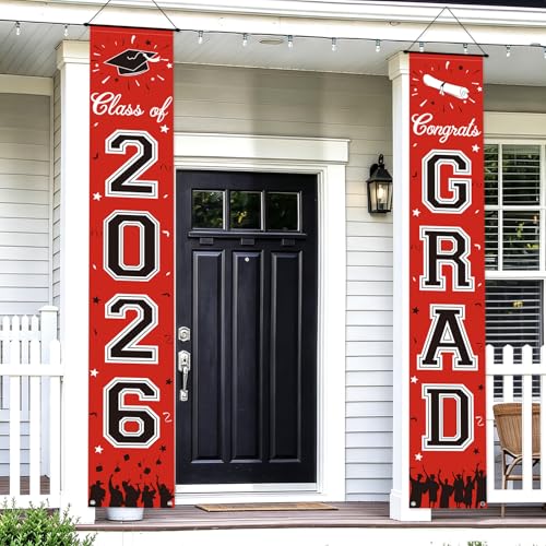 Image of 2026 Graduation Decorations, Red Graduation Banner Class of 2026, Hanging Congratulations /Congrats Grad Porch Banner for Door Schools Grad Party Decorations Red and Black