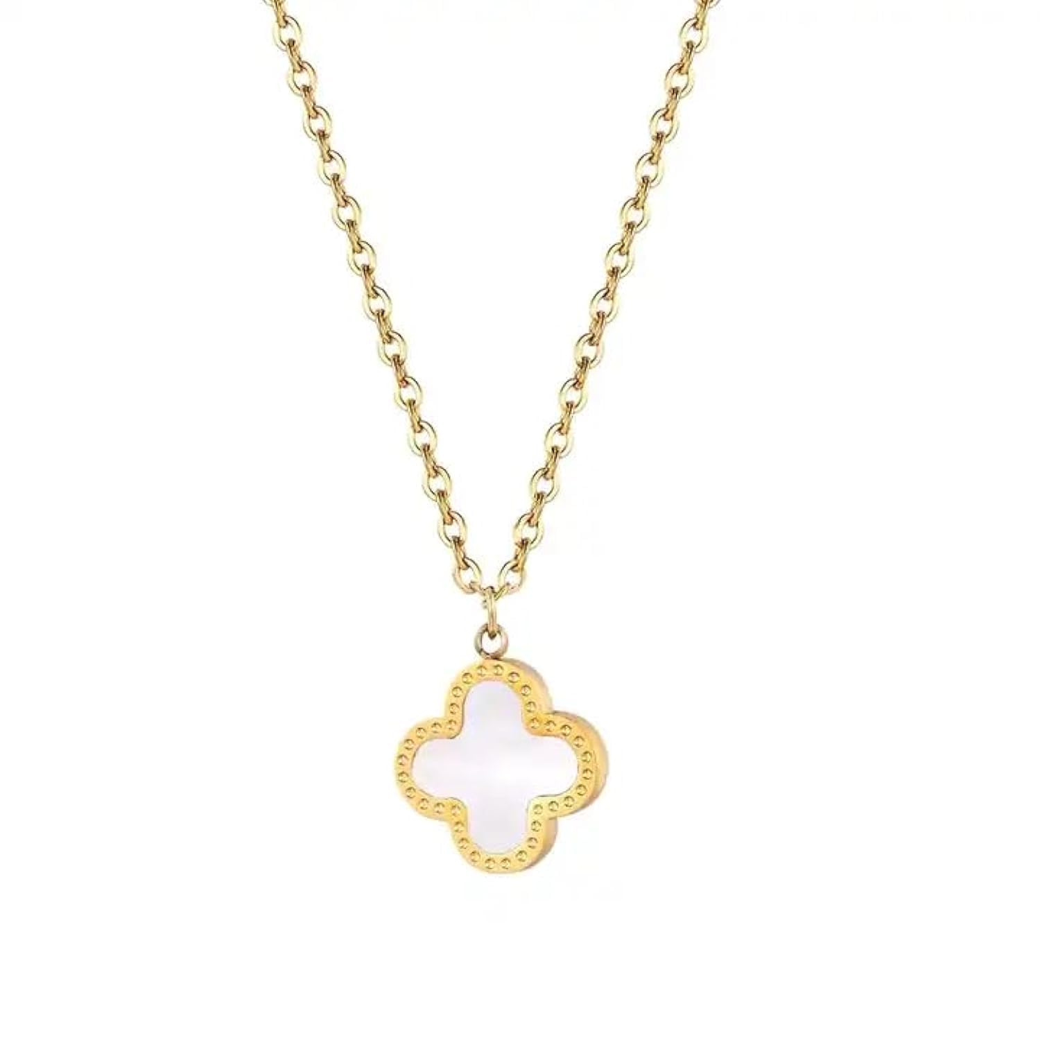 Lucky Four Leaf Clover Double sided Necklace chain for Women and Girls 18 k Gold Plated Stainless Steel - white color