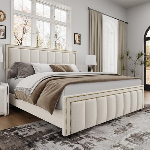 Image of BarnFurin King Size Size Bed Frame with 50 inch Tall Headboard and Footboard, Chenille Upholstered Bed Frame, Vertical Channel Tufting with Nailhead Trim, No Box Spring Needed, Easy Assembly, Beige