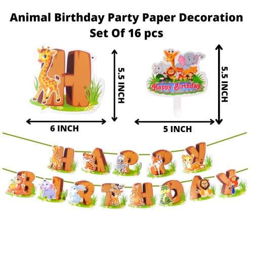 Image of Party Decorz Animal /Jungle /Safari Theme Birthday Paper Decoration Set Of 16pcs(1pcs Happy Birthday Banner +12pcs Animal Paper Cutout +2pcs Props +1pcs Cake Topper)For Kids Animal Theme Birthday Party