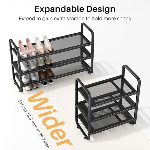 Image of SNTD Shoe Rack - Expandable Shoe Organizer for Closet, Adjustable Metal Shoe Shelf Storage, Stackable Long Shoe Stand Holder for Garage, Entryway, Door Entrance (Black, 3-Tier)