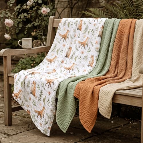 Image of Muslin Swaddle Blankets for Newborn, 4 Pack Breathable Soft Receiving Blanket, Large 38 x 40 inches Swaddle Wrap Burping Clothes, Essentials Infant Shower Items, Toddler Gift (Forest Fox)